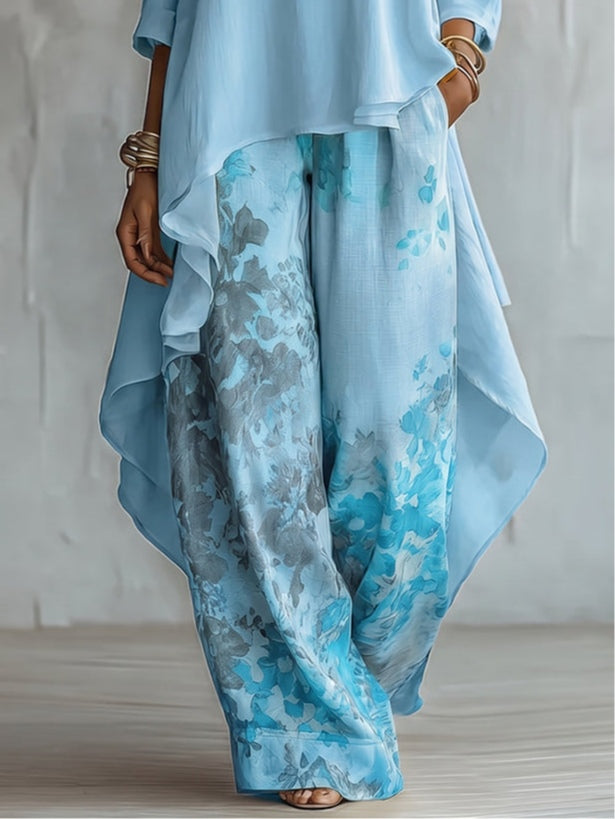 Isabella | Chiffon Asymmetrical Top & Floral Wide-Leg Pants Set