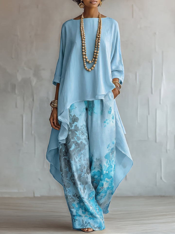 Isabella | Chiffon Asymmetrical Top &amp; Floral Wide-Leg Pants Set