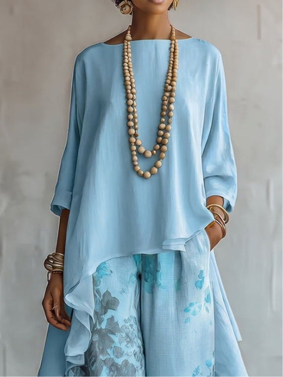 Isabella | Chiffon Asymmetrical Top & Floral Wide-Leg Pants Set