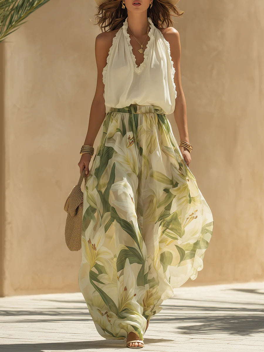 Camille | Chiffon Ruffled Sleeveless Top & Lily-Print Pants Set