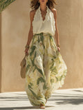Camille | Chiffon Ruffled Sleeveless Top & Lily-Print Pants Set
