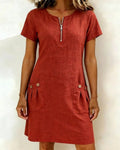 Beate™ | A-line Short Sleeves Pocket Zipper Dress