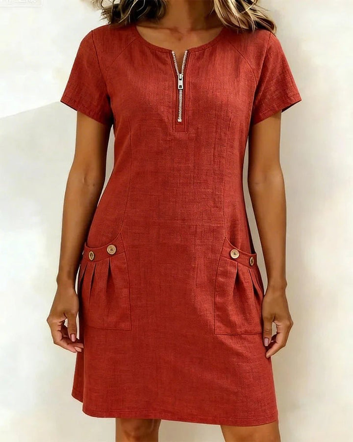 Beate™ | A-line Short Sleeves Pocket Zipper Dress