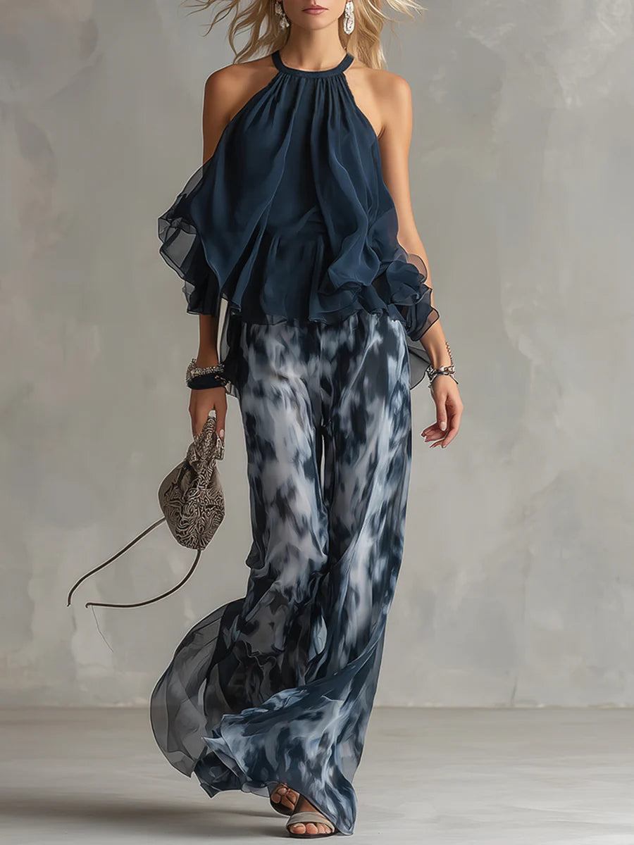 Imani | Chiffon Halter Top & Printed Wide-Leg Pants Set