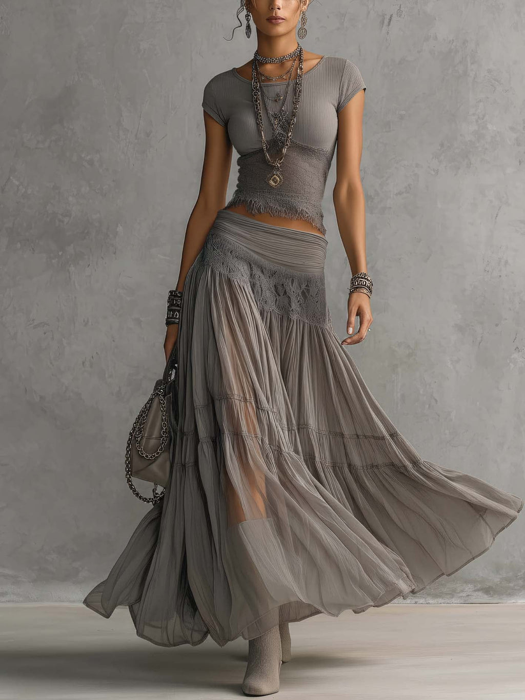 Simone | Sheer Lace-Panel Top & Pleated Chiffon Maxi Skirt Set