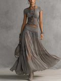 Simone | Sheer Lace-Panel Top & Pleated Chiffon Maxi Skirt Set