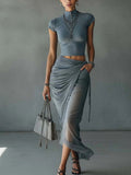 Jasmine | Cropped Tee & Sheer Mesh Draped Skirt Set