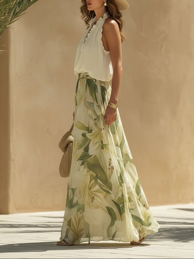 Camille | Chiffon Ruffled Sleeveless Top & Lily-Print Pants Set