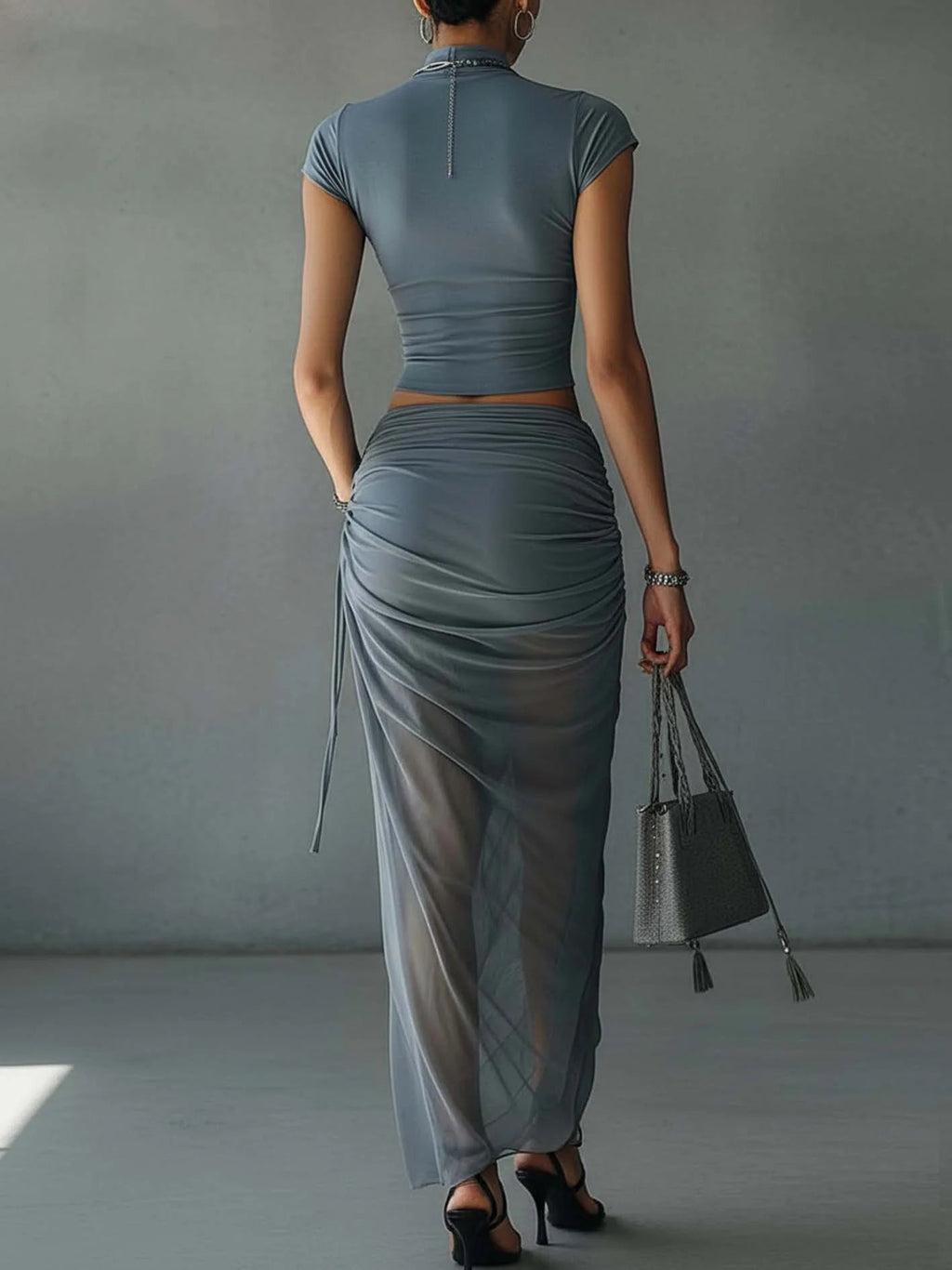 Jasmine | Cropped Tee & Sheer Mesh Draped Skirt Set