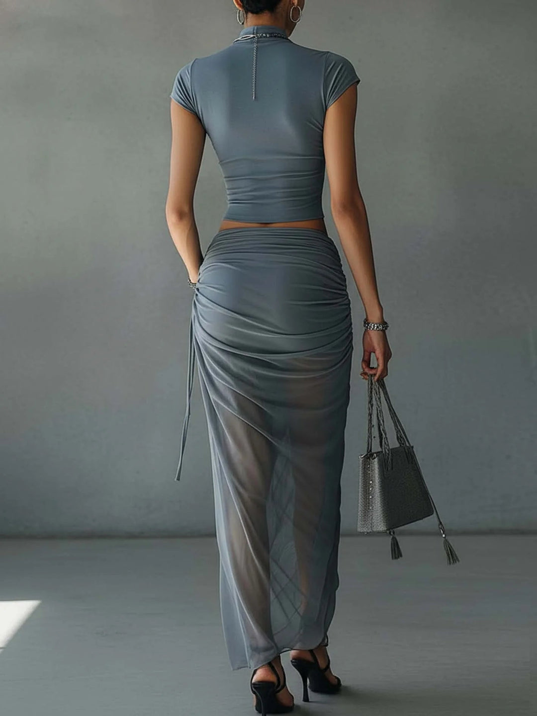 Jasmine | Cropped Tee &amp; Sheer Mesh Draped Skirt Set