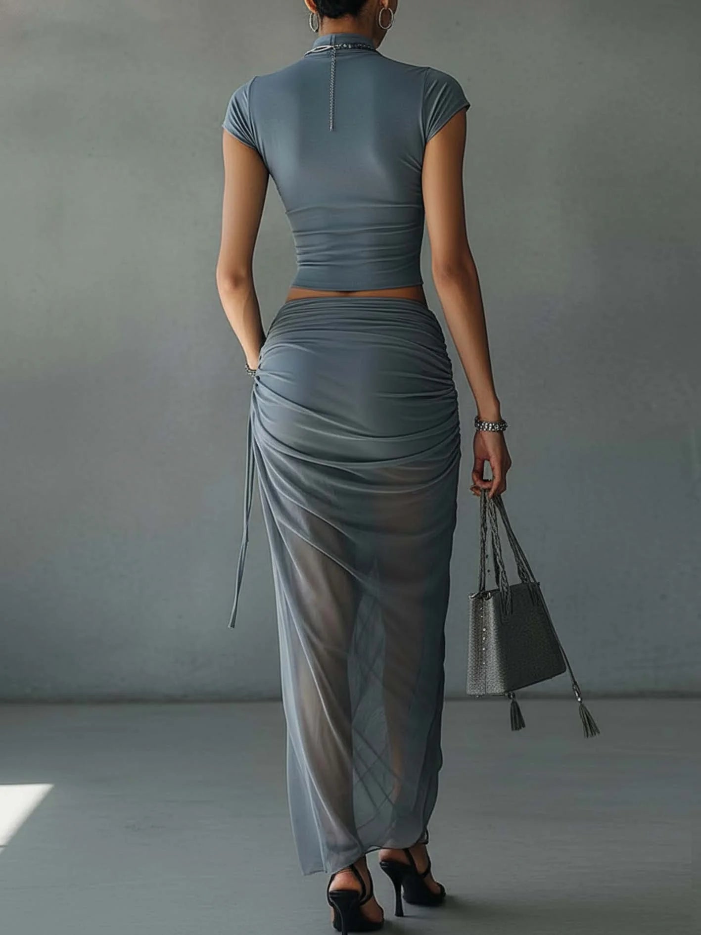 Jasmine | Cropped Tee & Sheer Mesh Draped Skirt Set
