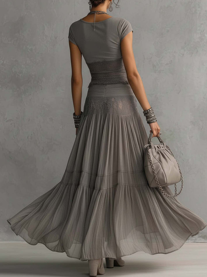 Simone | Sheer Lace-Panel Top &amp; Pleated Chiffon Maxi Skirt Set