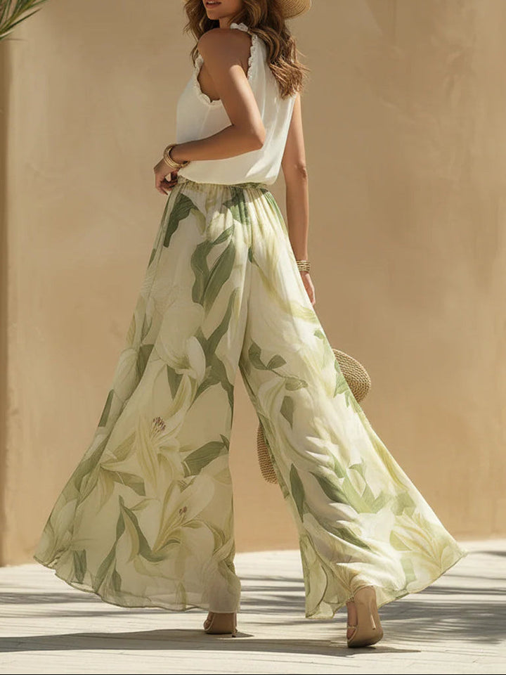 Camille | Chiffon Ruffled Sleeveless Top &amp; Lily-Print Pants Set
