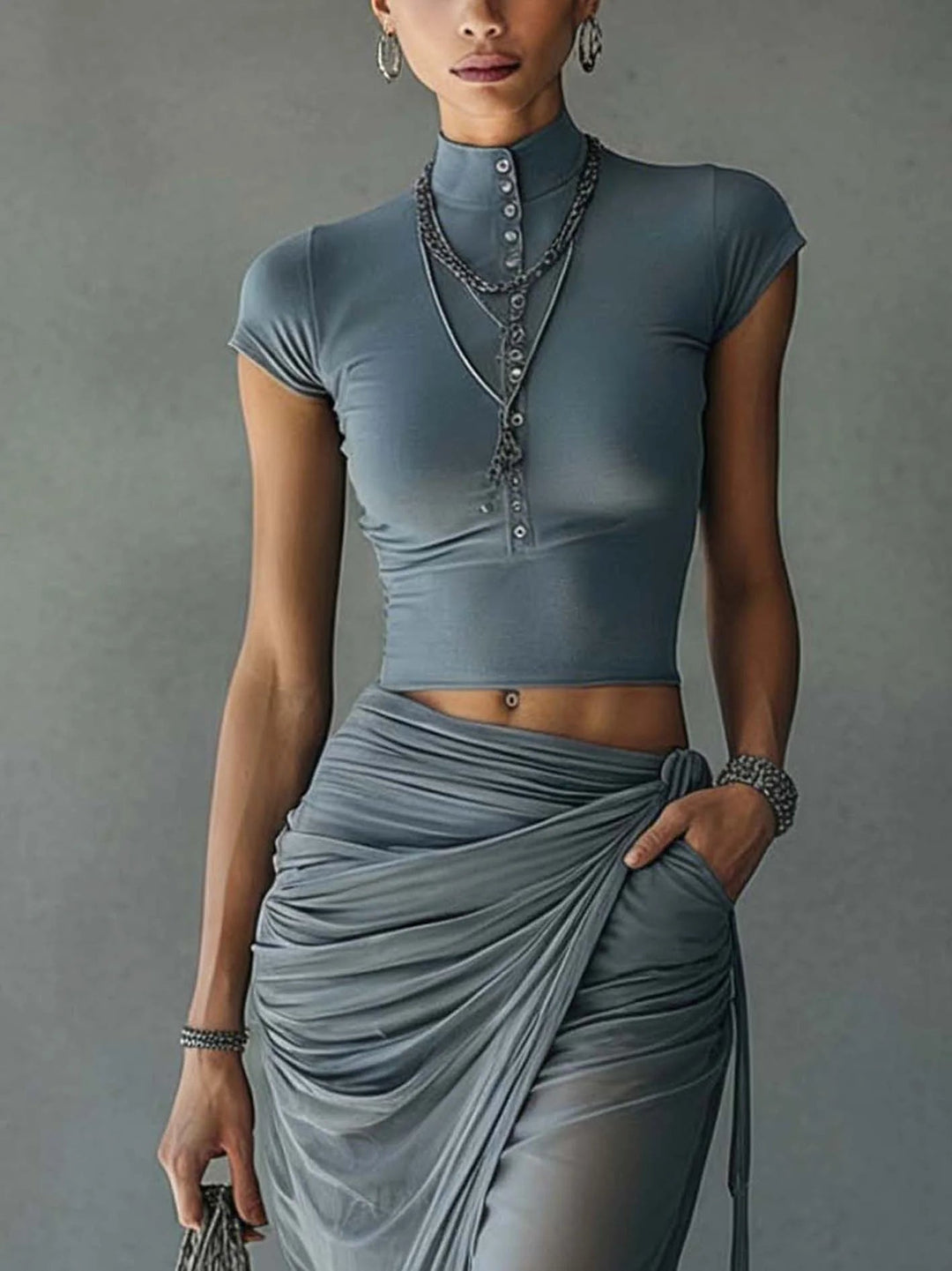 Jasmine | Cropped Tee &amp; Sheer Mesh Draped Skirt Set