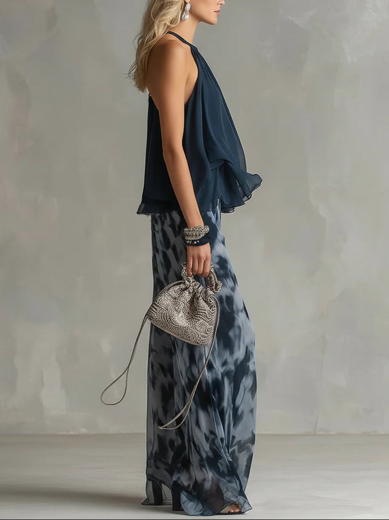 Imani | Chiffon Halter Top & Printed Wide-Leg Pants Set