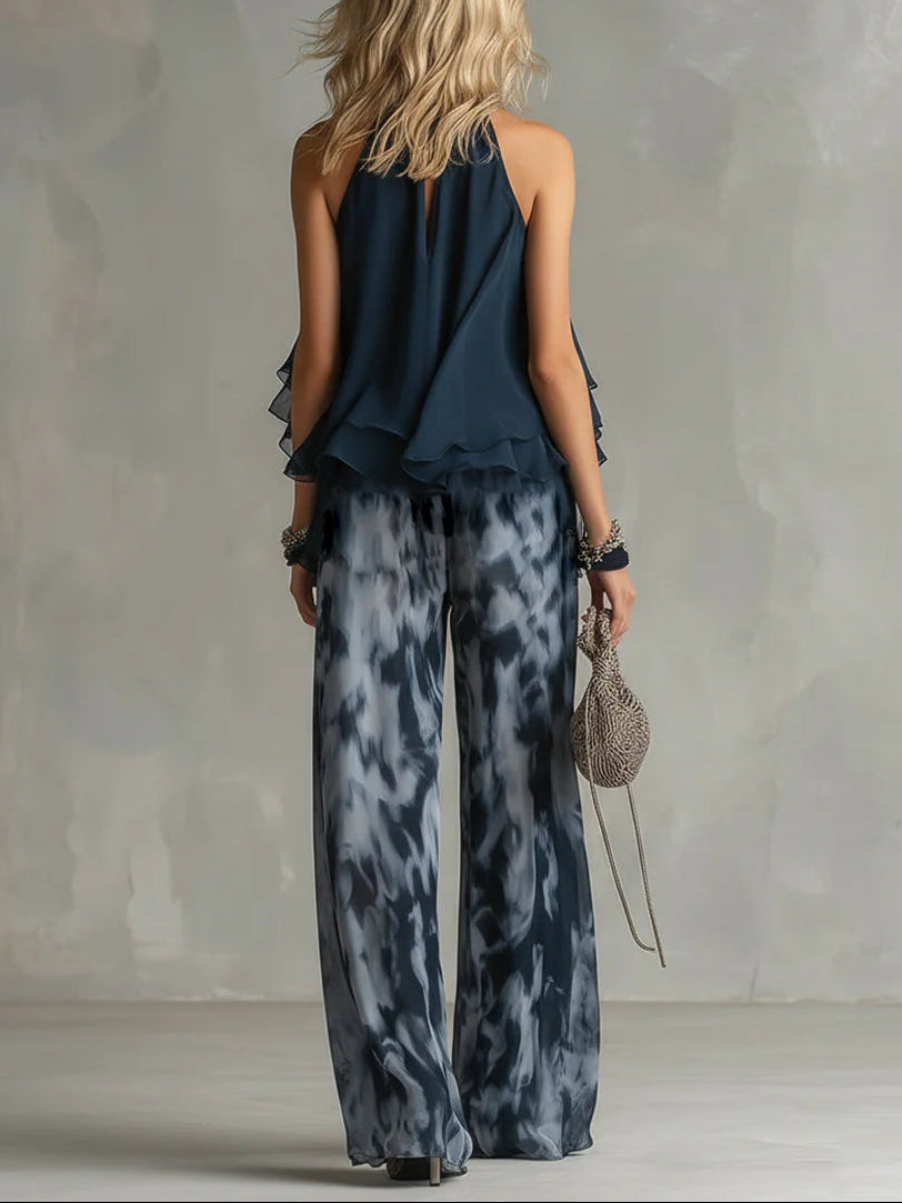 Imani | Chiffon Halter Top & Printed Wide-Leg Pants Set