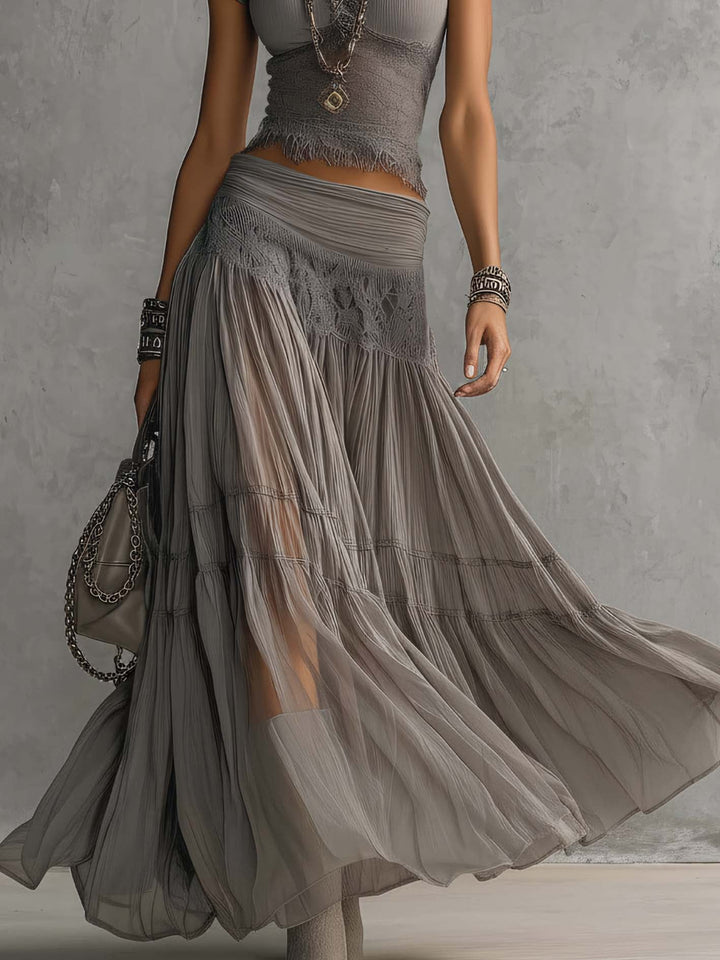 Simone | Sheer Lace-Panel Top &amp; Pleated Chiffon Maxi Skirt Set