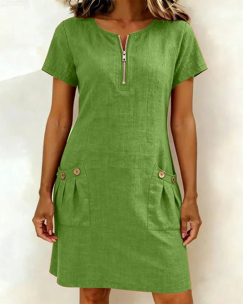 Beate™ | A-line Short Sleeves Pocket Zipper Dress