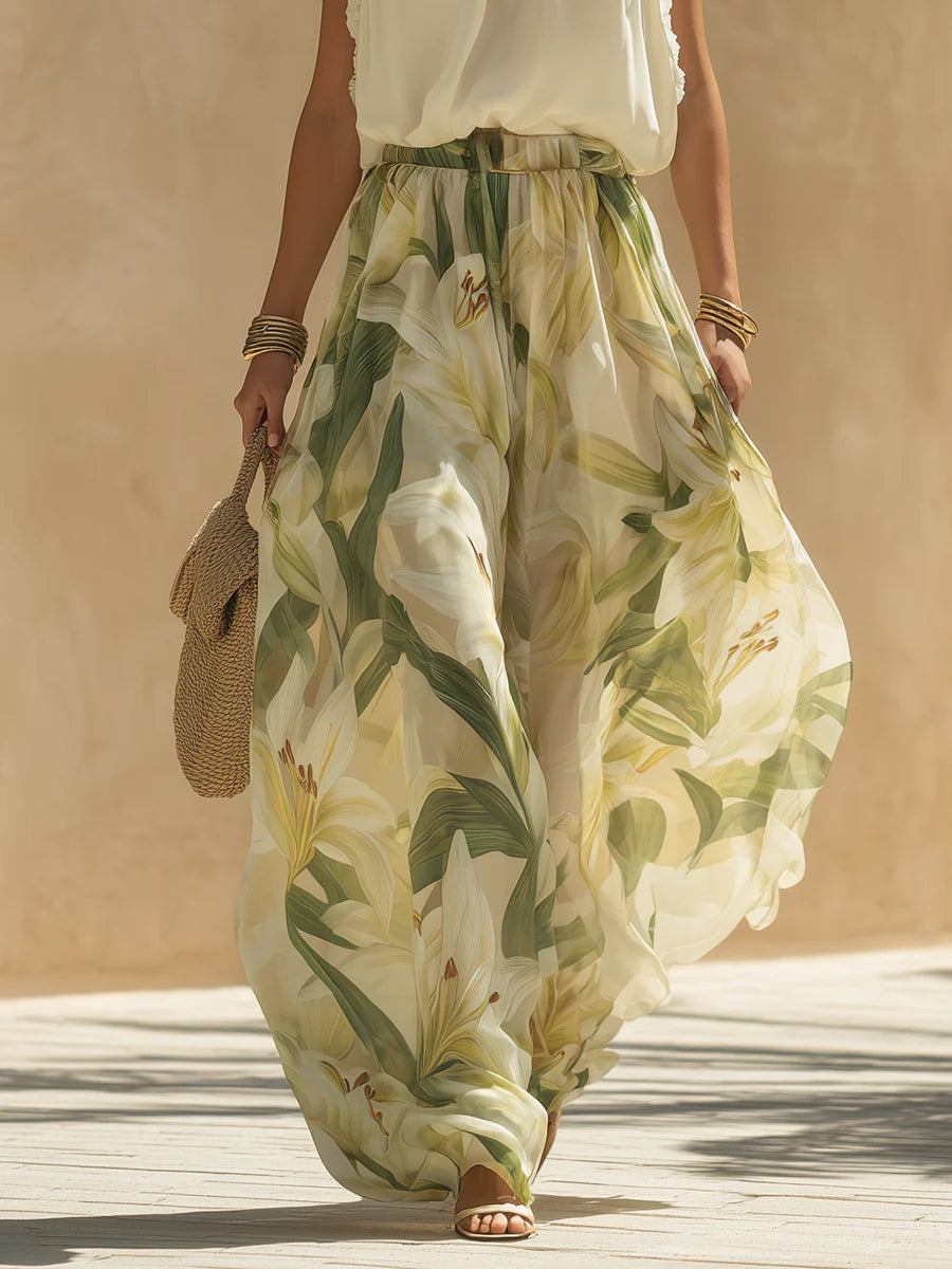 Camille | Chiffon Ruffled Sleeveless Top & Lily-Print Pants Set