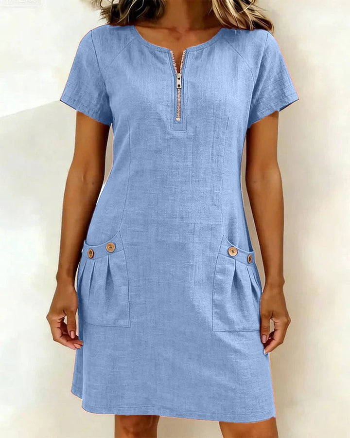 Beate™ | A-line Short Sleeves Pocket Zipper Dress