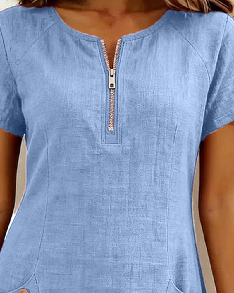 Beate™ | A-line Short Sleeves Pocket Zipper Dress