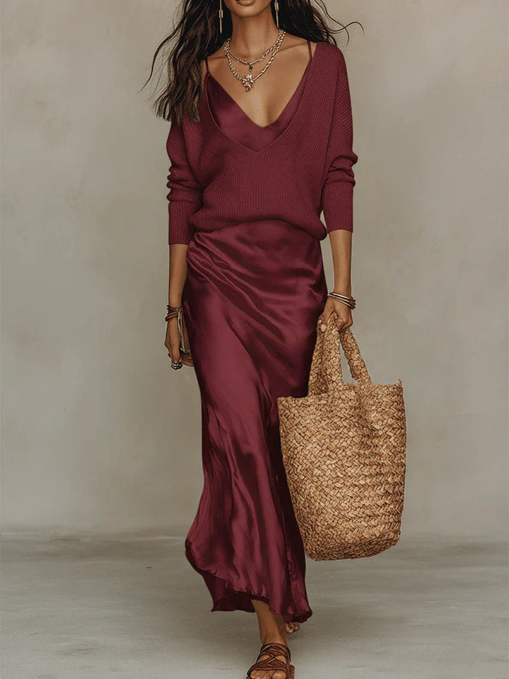 Lena | Midi Satin Dress with Included Sweater