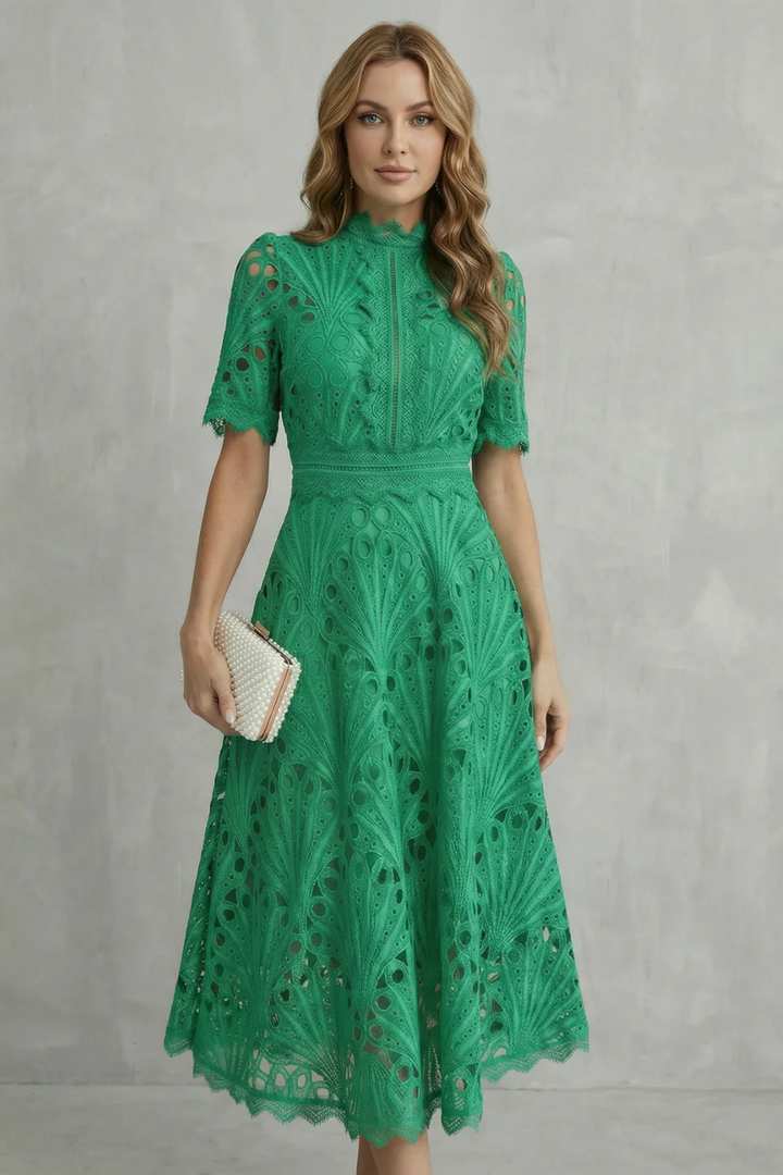 Charlisse – Ornate lace refinement – High-neck midi dress