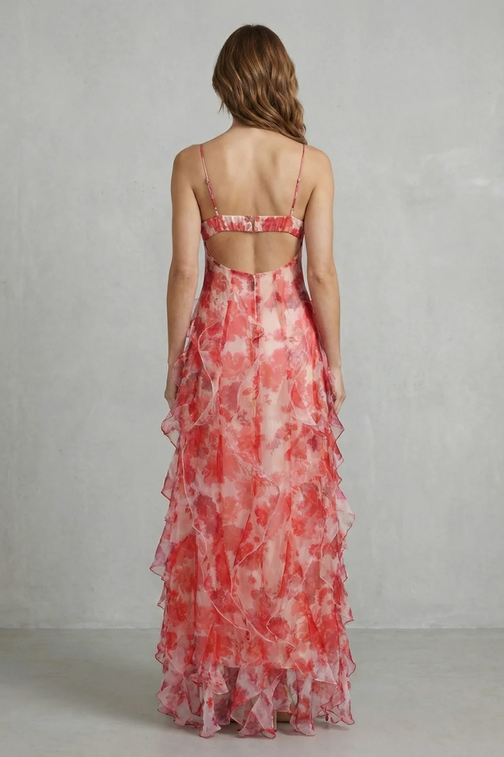 Fiona – Watercolour bloom flow – Ruffled chiffon maxi dress