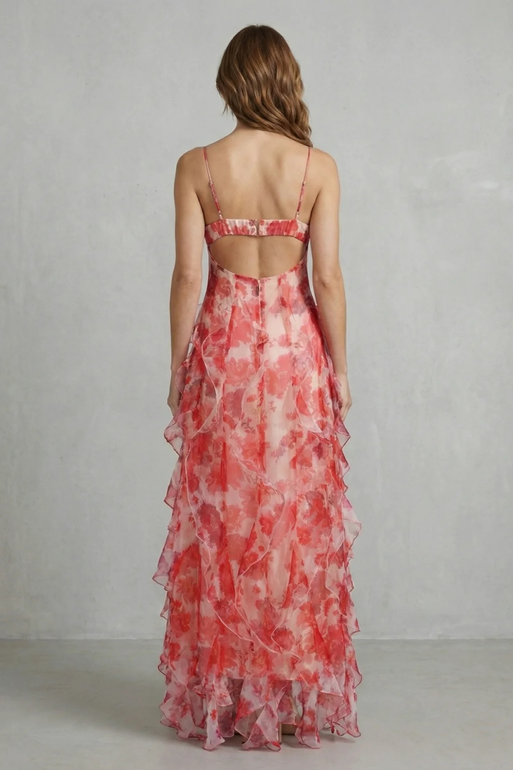Fiona – Watercolour bloom flow – Ruffled chiffon maxi dress