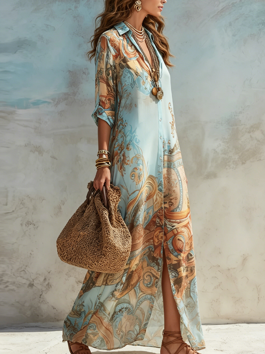 Baroque Style Floral Blue Maxi Dress
