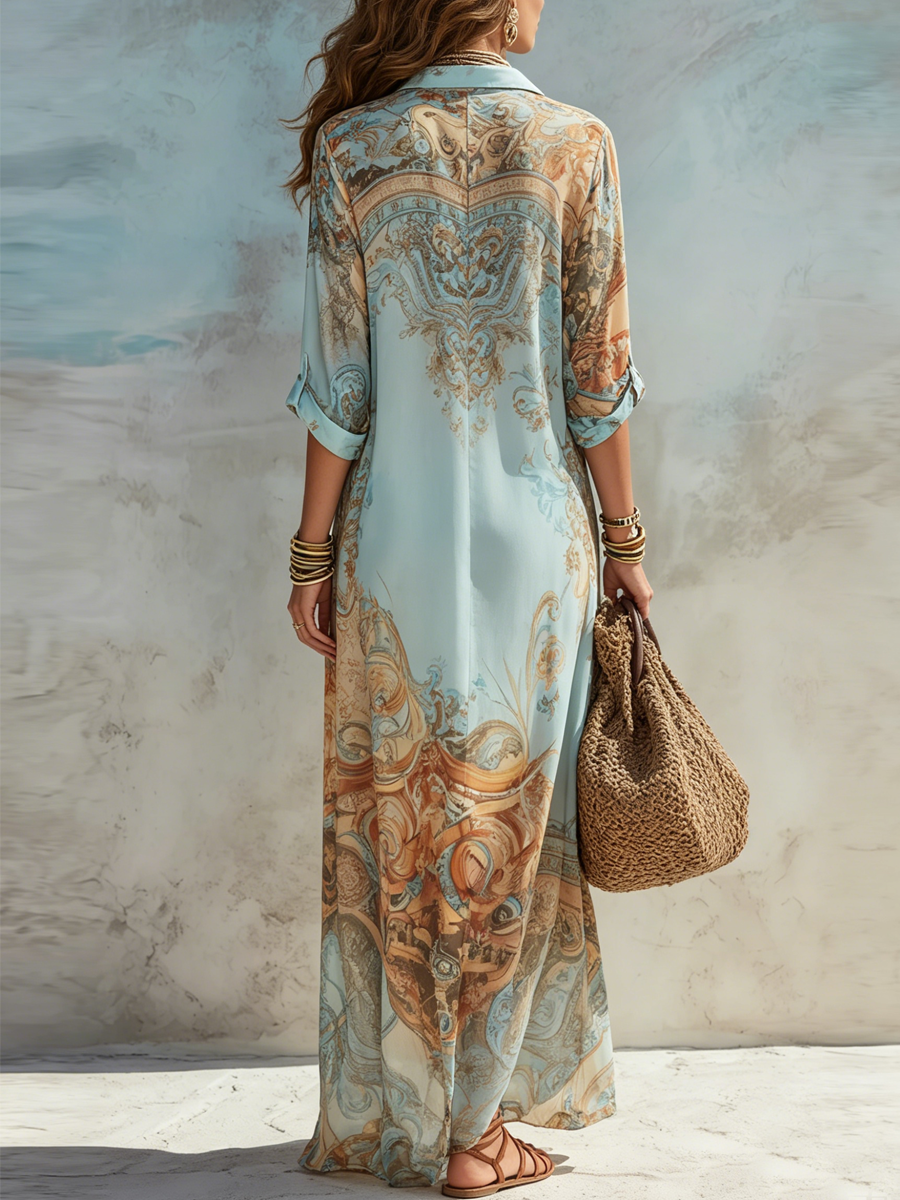 Baroque Style Floral Blue Maxi Dress