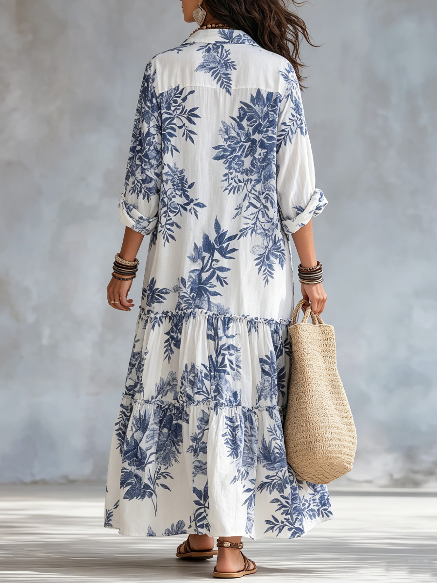 Tahlia™ | Bohemian Blue Floral Button-Down Tiered Maxi Dress