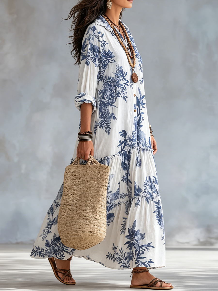 Tahlia™ | Bohemian Blue Floral Button-Down Tiered Maxi Dress