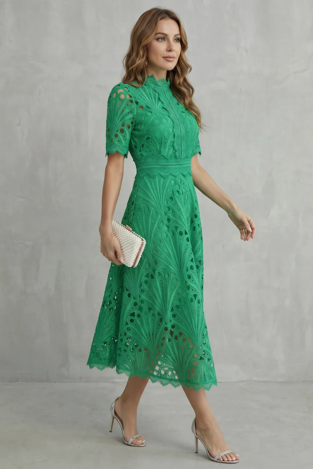 Charlisse – Ornate lace refinement – High-neck midi dress