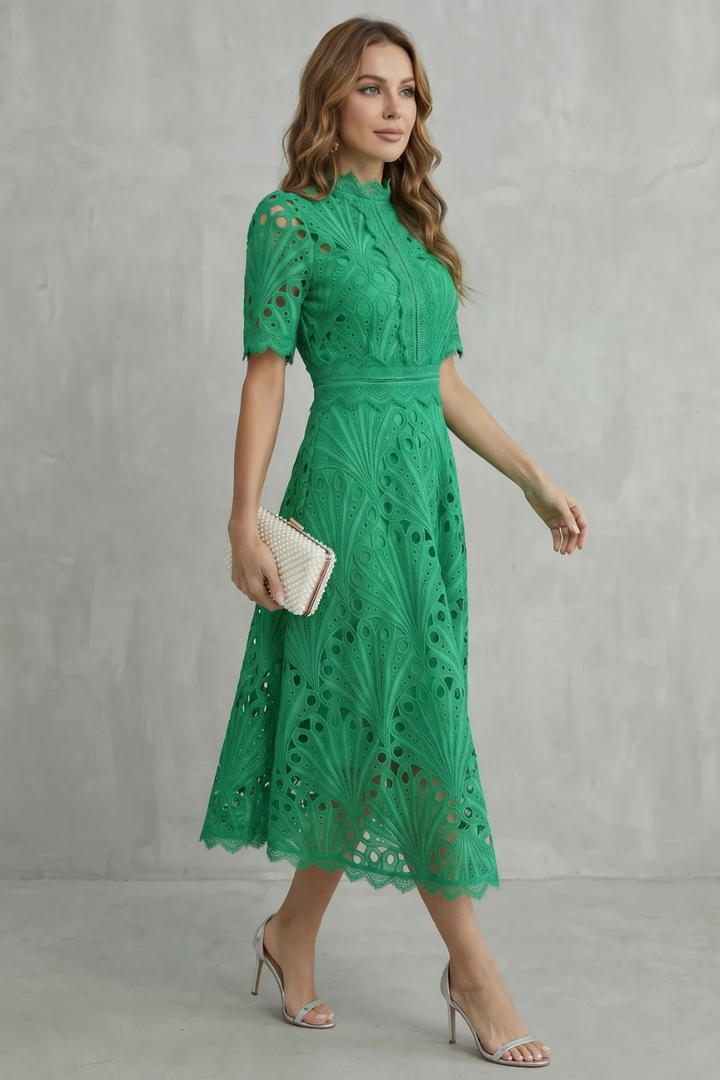 Charlisse – Ornate lace refinement – High-neck midi dress