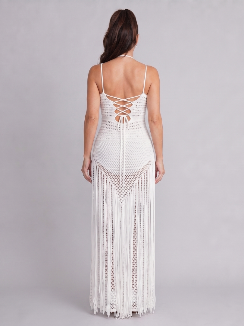 Zephyra | Halter Neck Crochet Fringe Detail Maxi Dress