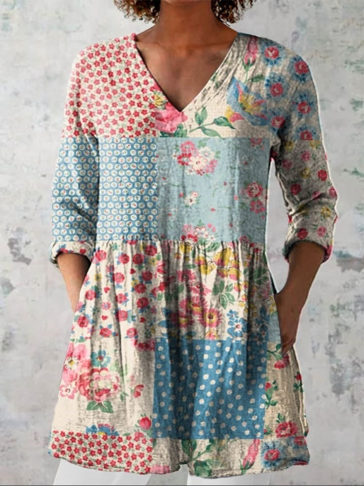 Emily | Floral Patchwork V-Neck Shirt