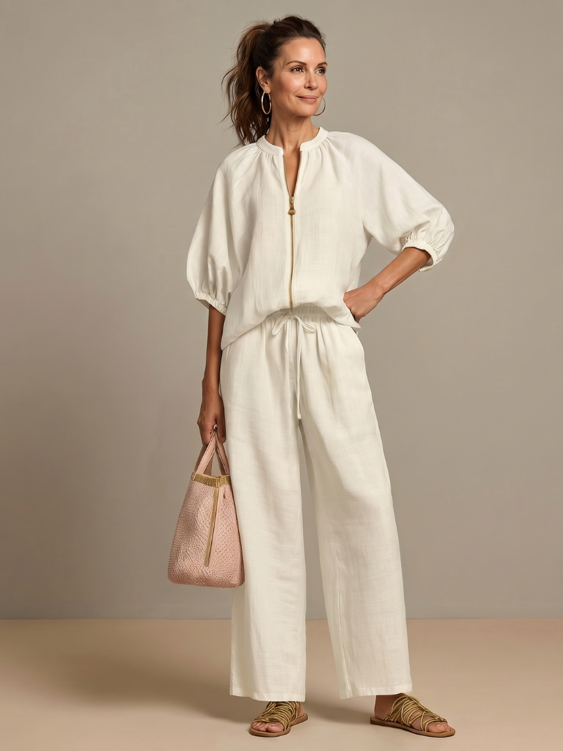 Talia | Zip Front Blouson Top Wide Leg Set
