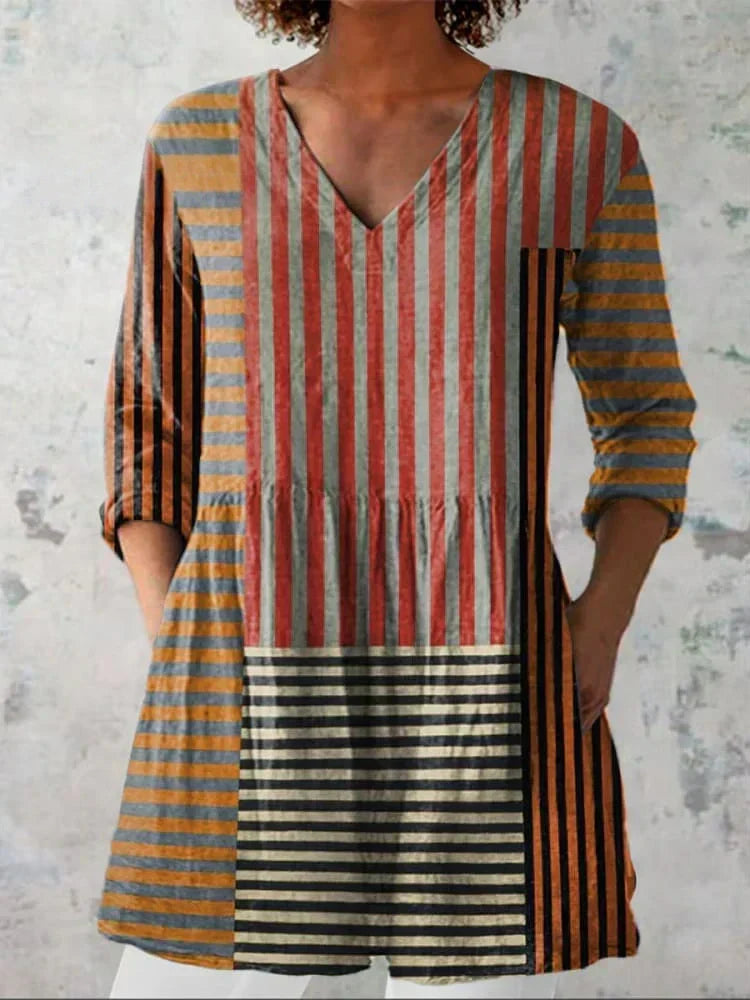 Avery | Stripe Patchwork V-Neck Shirt