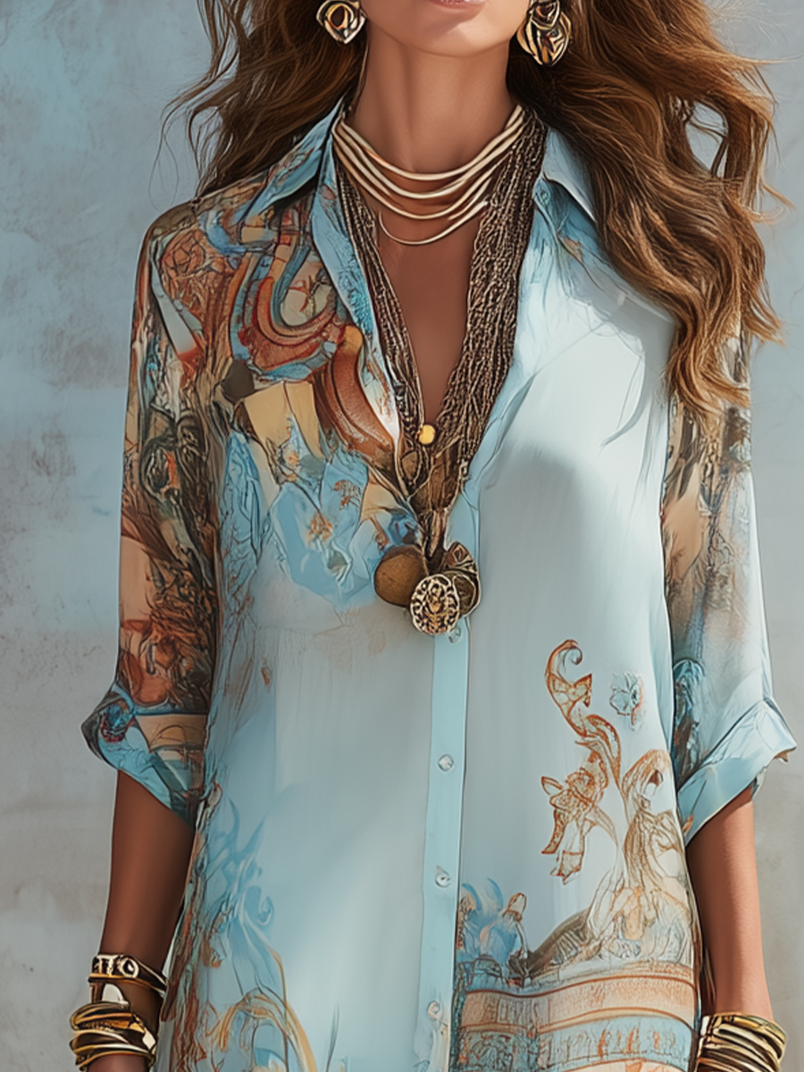 Baroque Style Floral Blue Maxi Dress