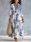 Tahlia™ | Bohemian Blue Floral Button-Down Tiered Maxi Dress