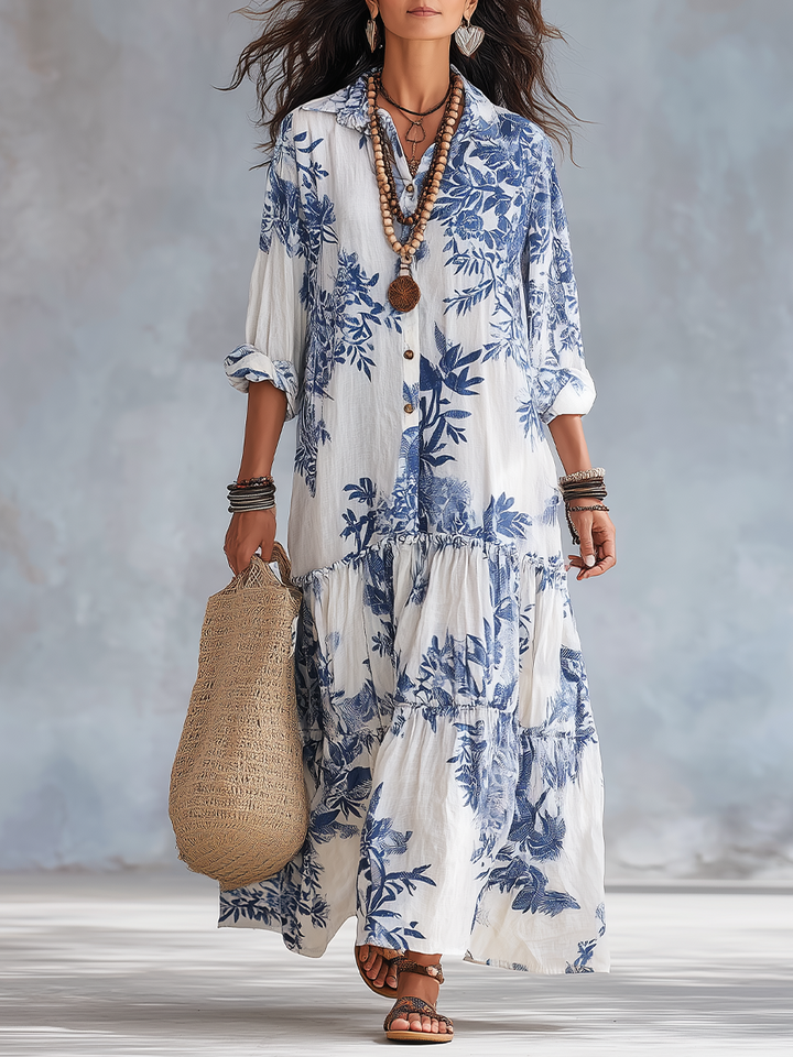 Tahlia™ | Bohemian Blue Floral Button-Down Tiered Maxi Dress