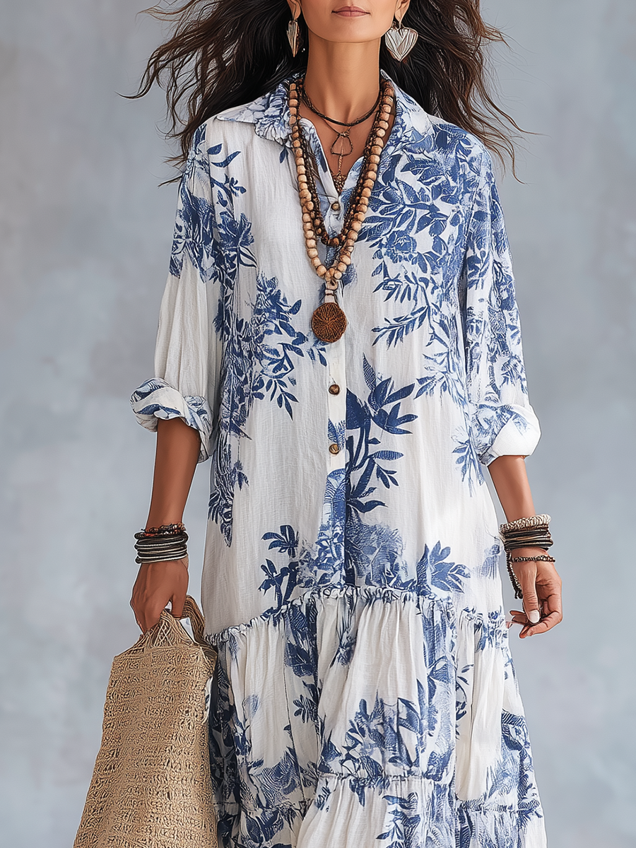 Tahlia™ | Bohemian Blue Floral Button-Down Tiered Maxi Dress