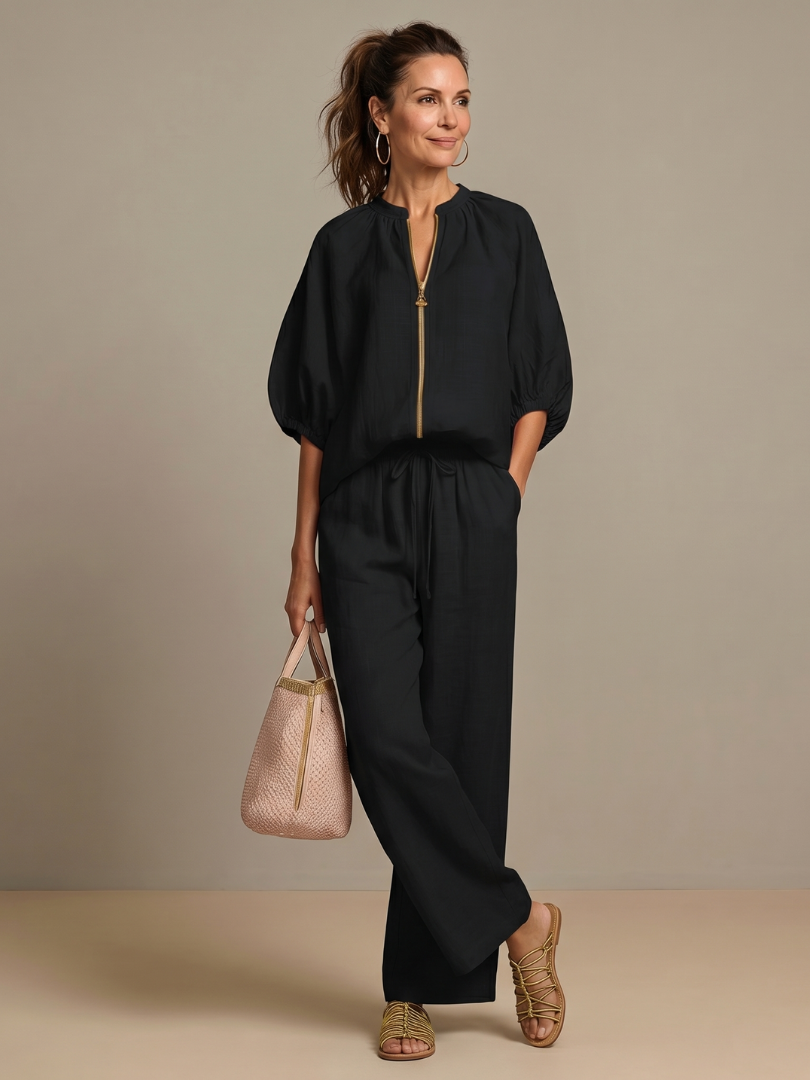 Talia | Zip Front Blouson Top Wide Leg Set