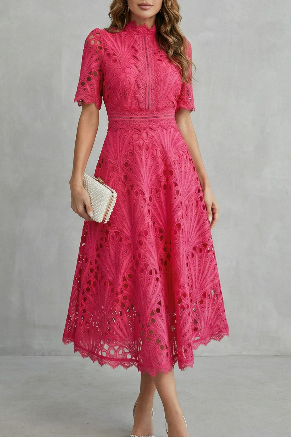 Charlisse – Ornate lace refinement – High-neck midi dress