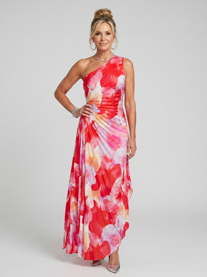 Anya | One Shoulder Pleated Bodice Midi Dress