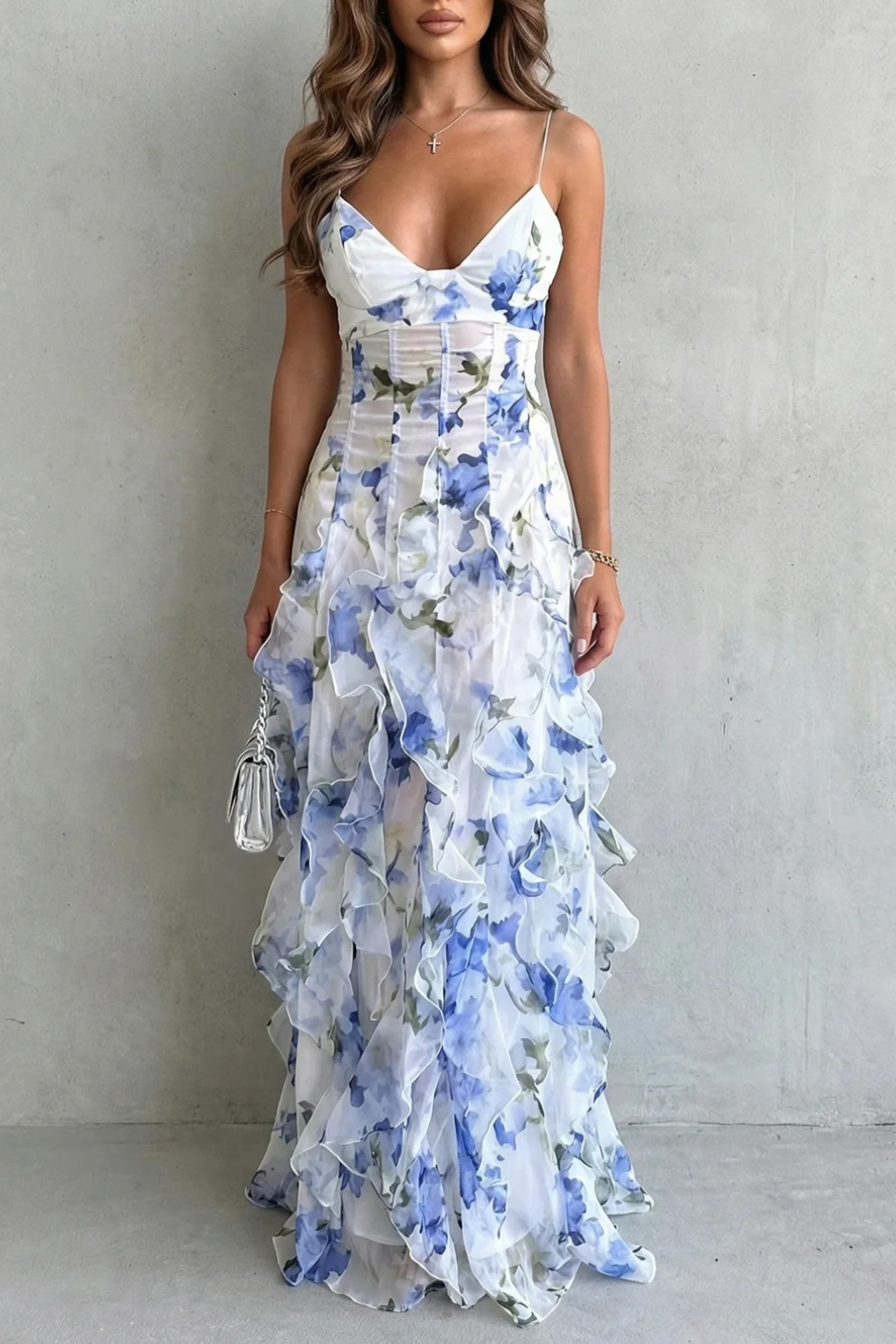 Fiona – Watercolour bloom flow – Ruffled chiffon maxi dress