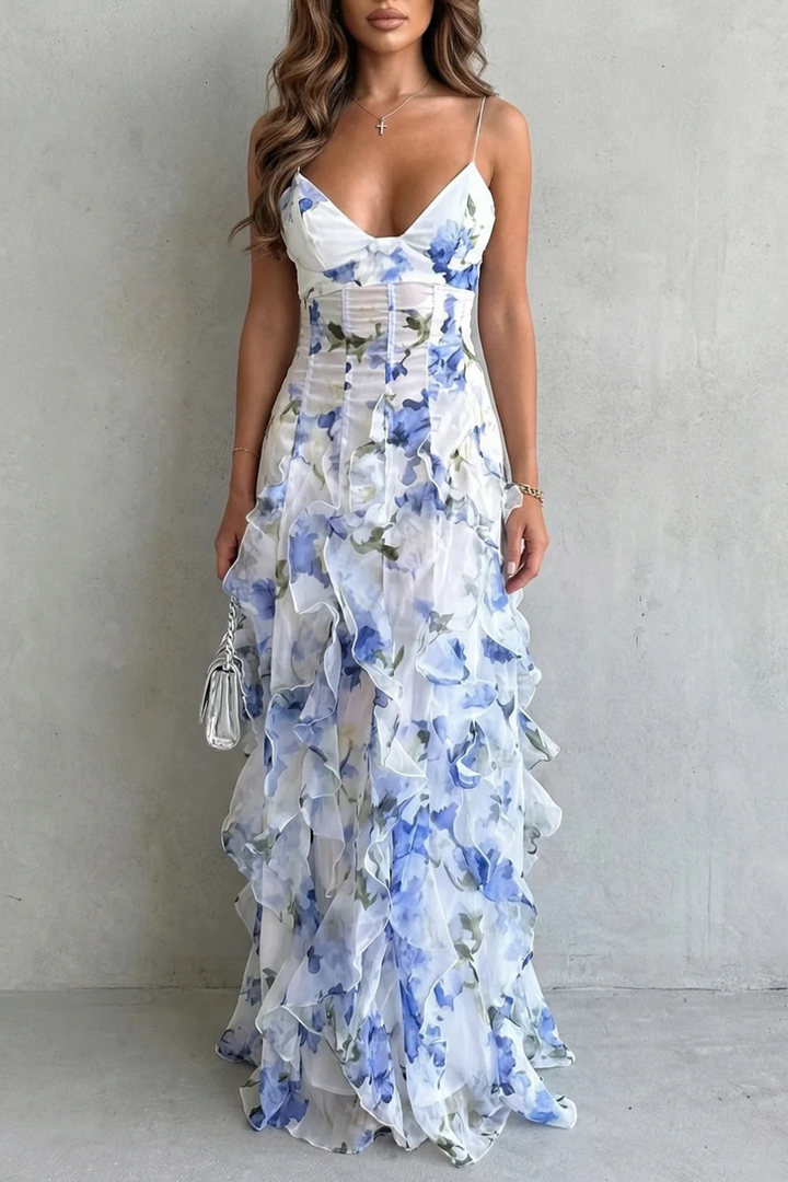 Fiona – Watercolour bloom flow – Ruffled chiffon maxi dress
