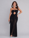 Zephyra | Halter Neck Crochet Fringe Detail Maxi Dress