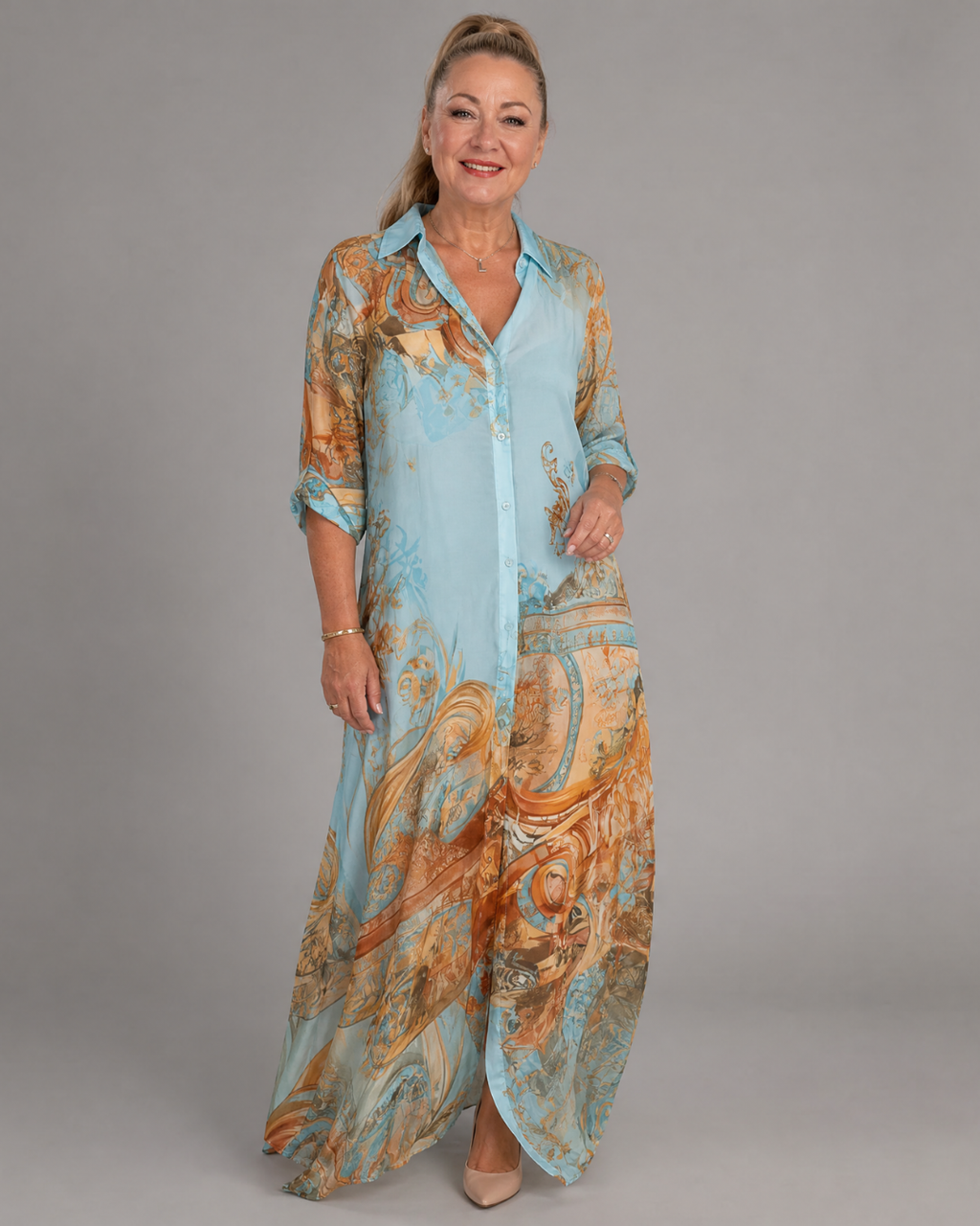 Azmira | Baroque Print Button Front Flowing Maxi Dress